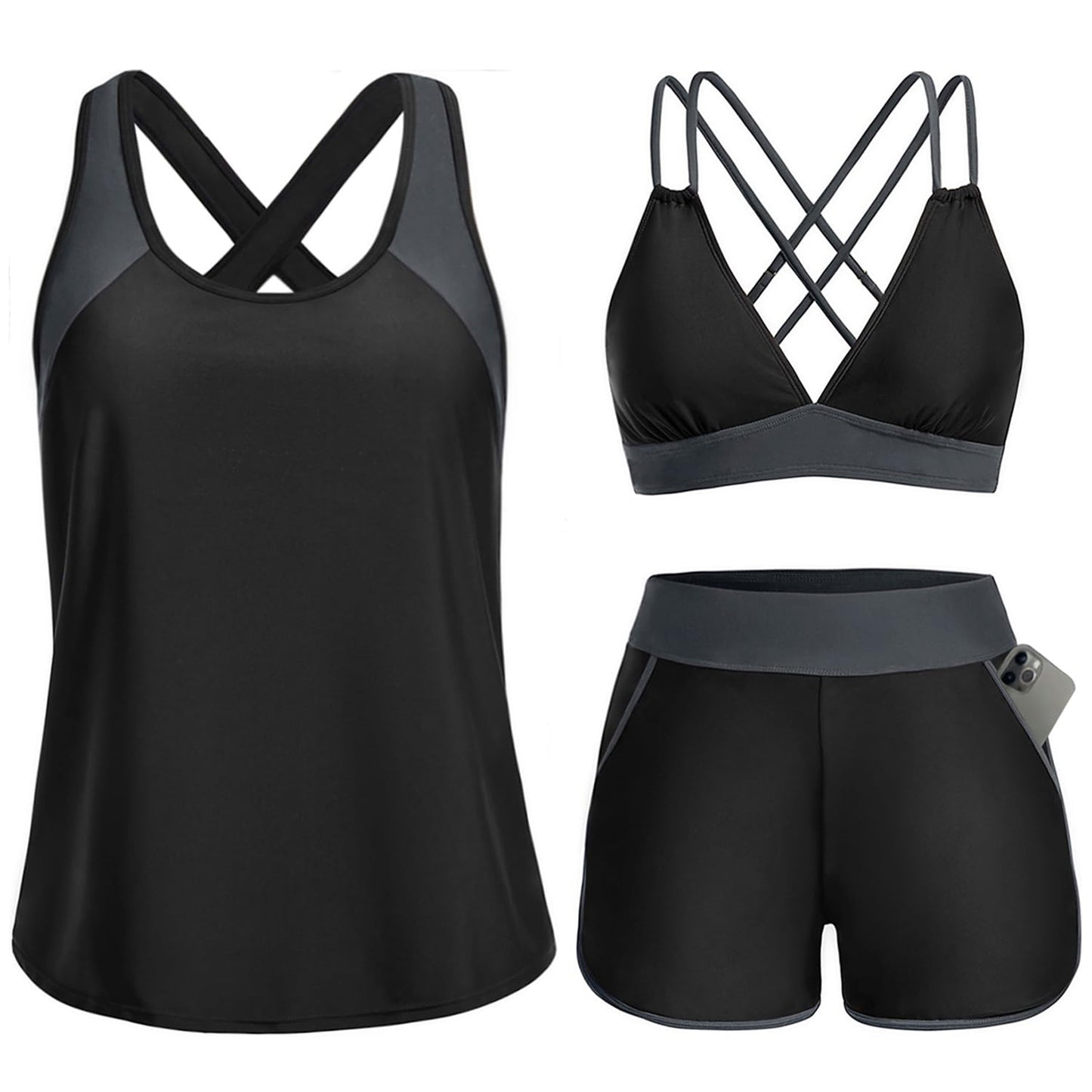 HOTWomen's 3 Piece Tankini Swimsuit Tummy Control with Bra Pocket Boy Shorts | Modest Bathing Suit, Athletic Style, Strappy-Back Support, High-Waist Fit, Built-In Brief, Side Pockets, Beach Swim Days
