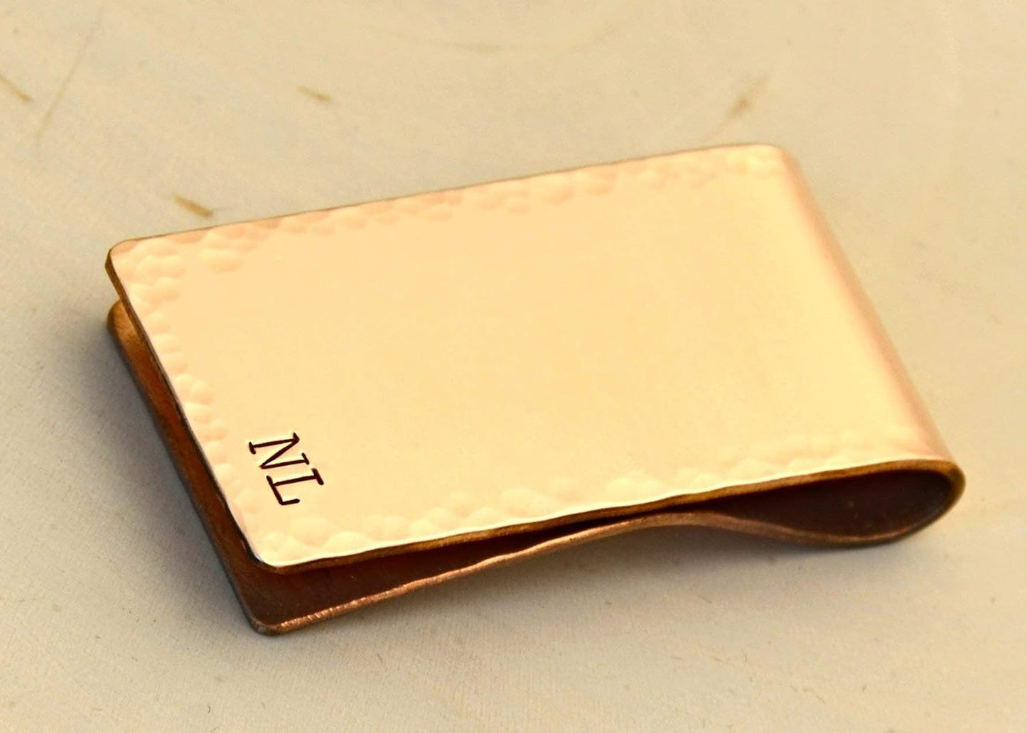 HOTPersonalized copper money clip with initials and hammered border