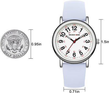 HOTGOLDEN HOUR Waterproof Nurse Watch for Medical Professionals, Students Women Men - Military Time Luminouse Easy Read Dial, 24 Hour with Second Hand, Colorful Silicone Band