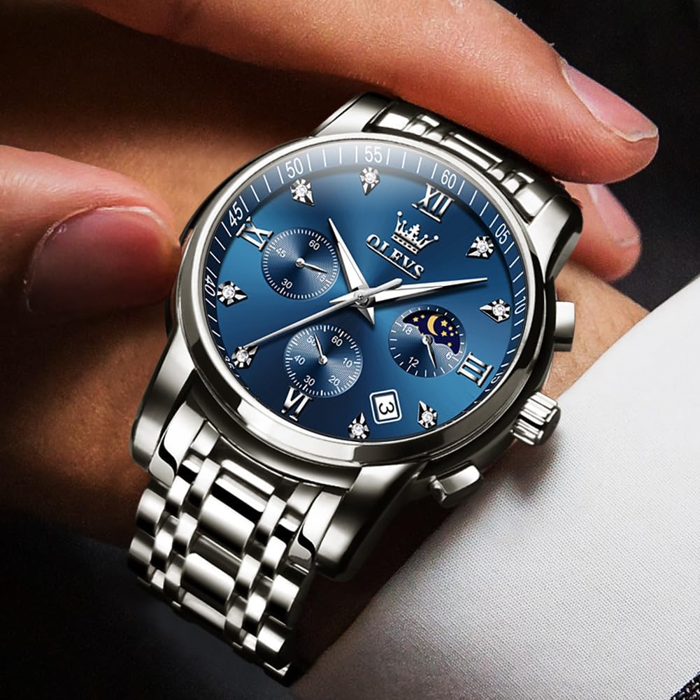 HOTOLEVS Watch for Men Diamond Business Dress Analog Quartz Stainless Steel Waterproof Luminous Date Two Tone Luxury Casual Wrist Watch Blue