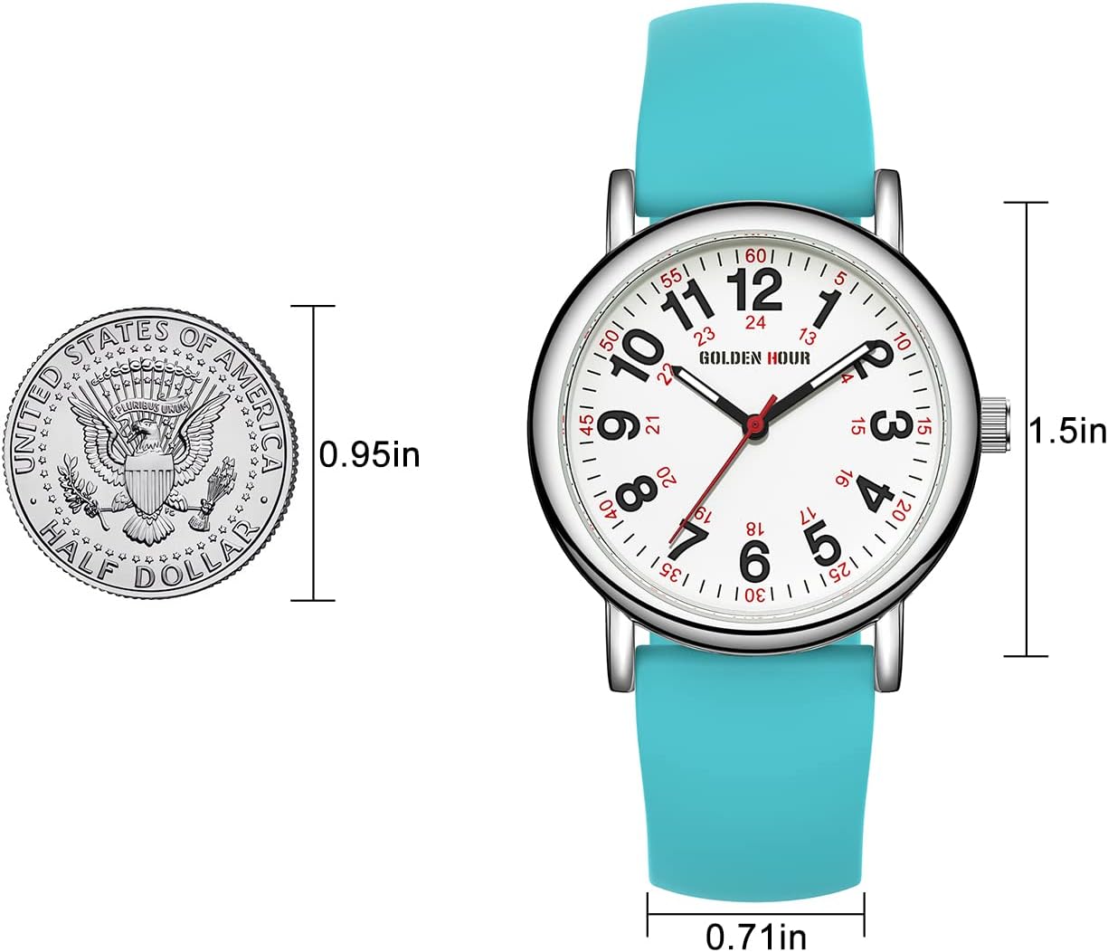 HOTGOLDEN HOUR Waterproof Nurse Watch for Medical Professionals, Students Women Men - Military Time Luminouse Easy Read Dial, 24 Hour with Second Hand, Colorful Silicone Band