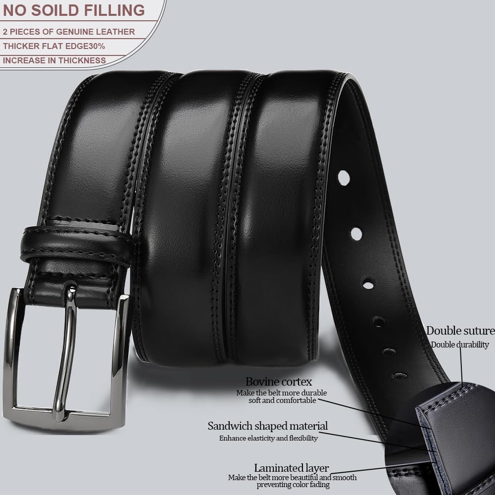 HOTDOOPAI Men's Genuine Leather Dress Belt 2Pack - Handmade Classic Casual and Business Belt, 100% Cow Leather Prong Buckle,