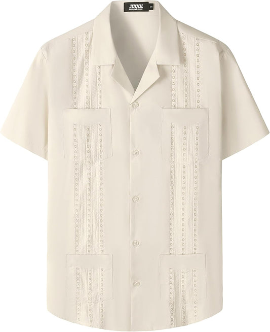 HOTJOGAL Mens Guayabera Shirts Cuban Short Sleeve Casual Button Down Beach Shirt