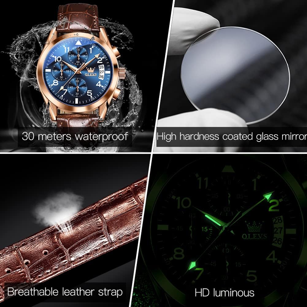 HOTOLEVS Men's Watches Brown Leather with Date,Casual Watches for Men,Large Face Watches Men,Chronograph Mens Watch,Sport Waterproof Business Dress Analog Quartz Men's Wrist Watches Reloj De Hombre