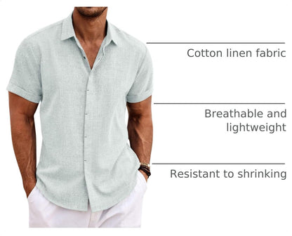 HOTCOOFANDY Men's Linen Shirts Short Sleeve Casual Shirts Button Down Shirt for Men Beach Summer Wedding Shirt