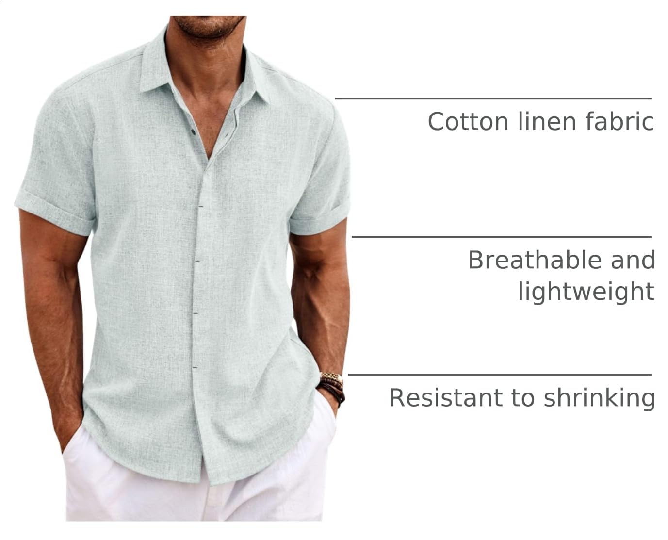 HOTCOOFANDY Men's Linen Shirts Short Sleeve Casual Shirts Button Down Shirt for Men Beach Summer Wedding Shirt