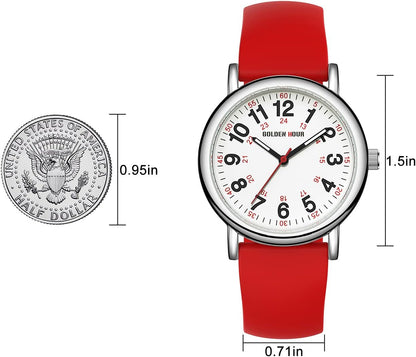 HOTGOLDEN HOUR Waterproof Nurse Watch for Medical Professionals, Students Women Men - Military Time Luminouse Easy Read Dial, 24 Hour with Second Hand, Colorful Silicone Band