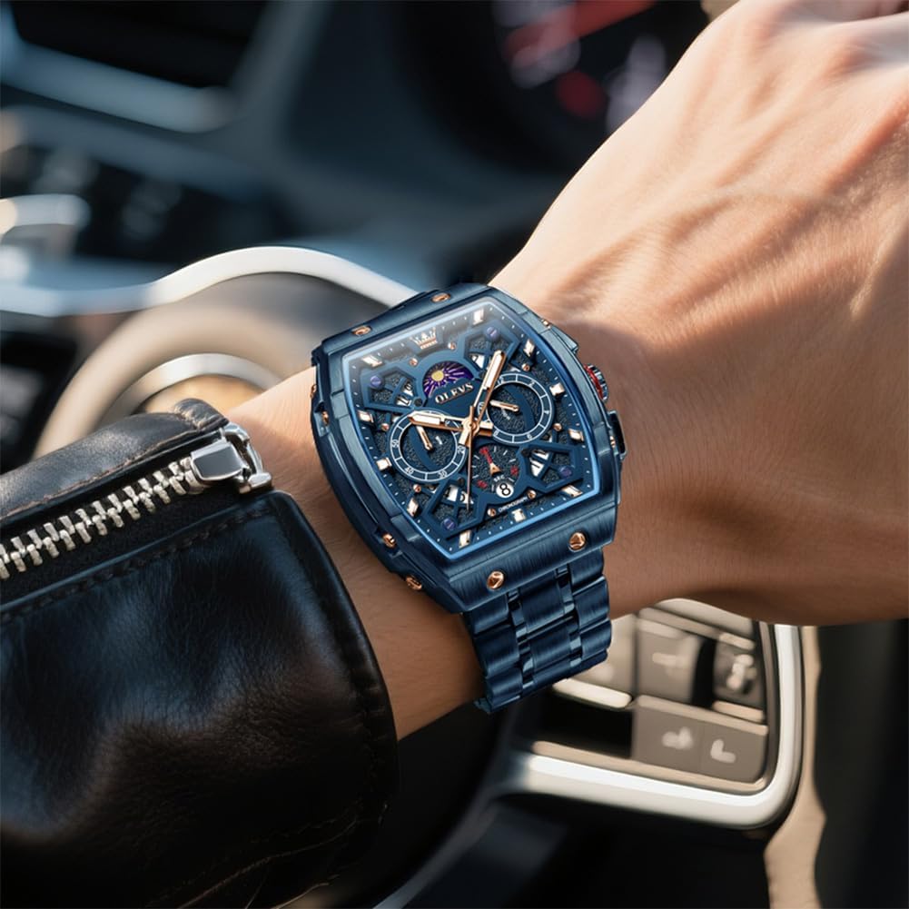 HOTOLEVS Watches for Men Analog Quartz Luxury Diamond Waterproof Chronograph Stainless Steel Big Face Square Date Moon Phase Roman Numeral Dress Mens Watches