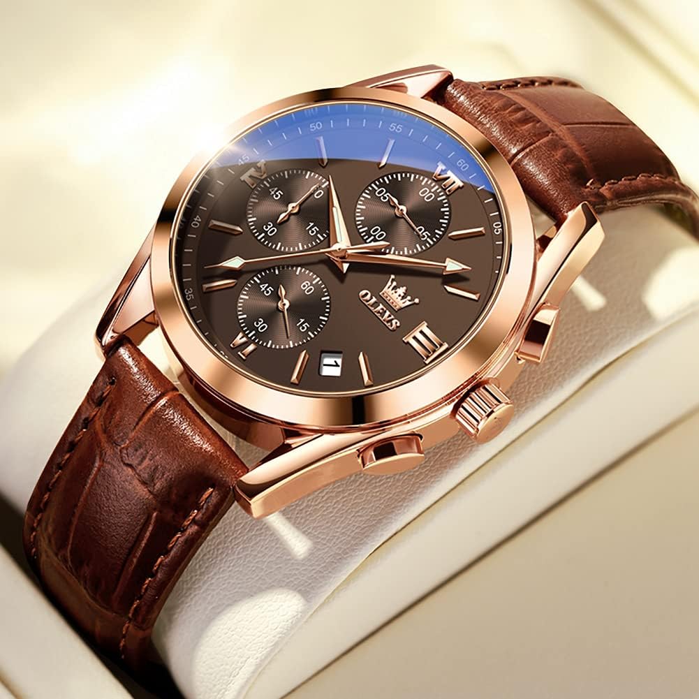 HOTOLEVS Men's Casual Leather Watch, Big Face Chronograph Watch for Men, Fashion Easy to Read Dress Watch, Men's Waterproof Luminous Date Analog Watch, Gold/Black/White/Blue Dial