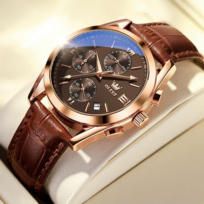 HOTOLEVS Men's Casual Leather Watch, Big Face Chronograph Watch for Men, Fashion Easy to Read Dress Watch, Men's Waterproof Luminous Date Analog Watch, Gold/Black/White/Blue Dial