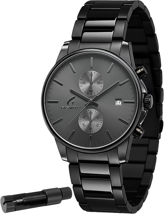 HOTStylish Stainless Steel Men's Watches with Functional Chronograph Subdials | Analog Waterproof Watches for Men, Solid Feel, Auto Date, 60-Second & 1/10-Second Timers, Gifts for Men Dad Husband Boyfriend