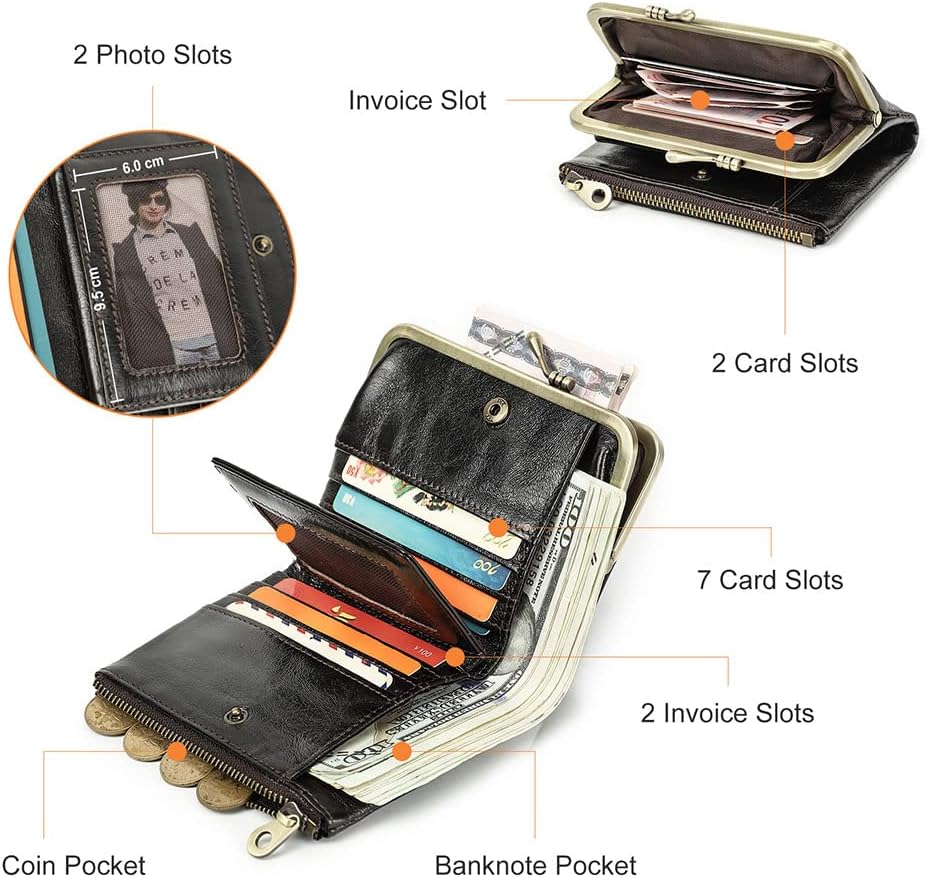 HOTCONTACTS Full Grain Leather Kiss Lock Wallet for Women Small Zipper Coin Pocket Vintage Bifold Rfid Purse Card Holder with Photo Window