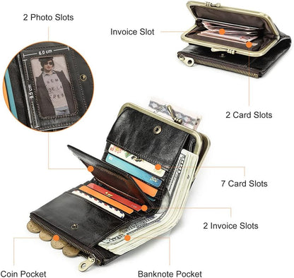 HOTCONTACTS Full Grain Leather Kiss Lock Wallet for Women Small Zipper Coin Pocket Vintage Bifold Rfid Purse Card Holder with Photo Window
