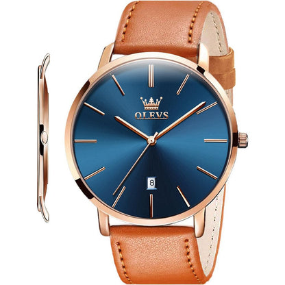 HOTOLEVS Men Leather Watches Black Ultra Thin 6.5mm Minimalist Dress Fashion Simple Casual Waterproof Date Watch for Men