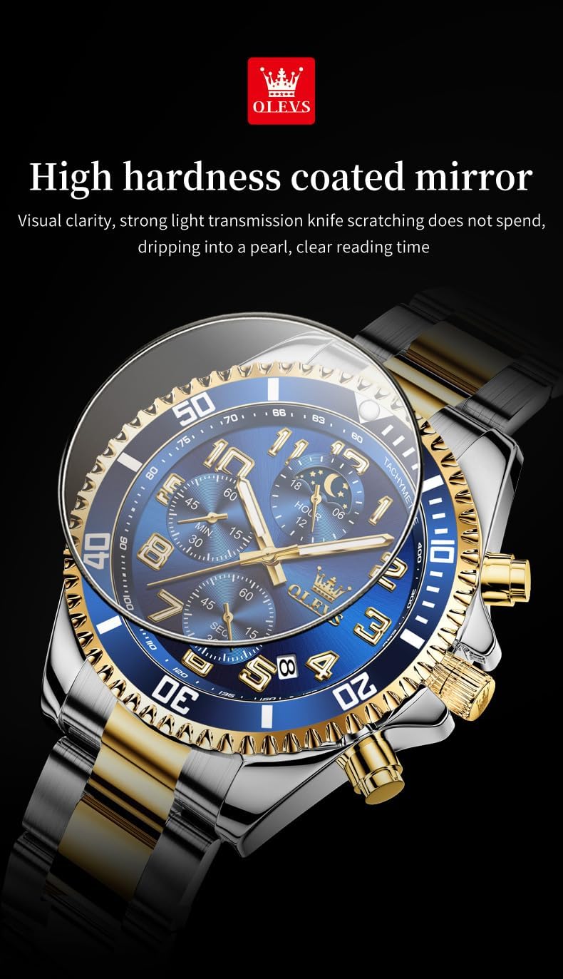 HOTOLEVS Mens Watches Chronograph Luxury Dress Moon Phase Two Tone Stainless Steel Waterproof Luminous Business Calendar Wrist Watch