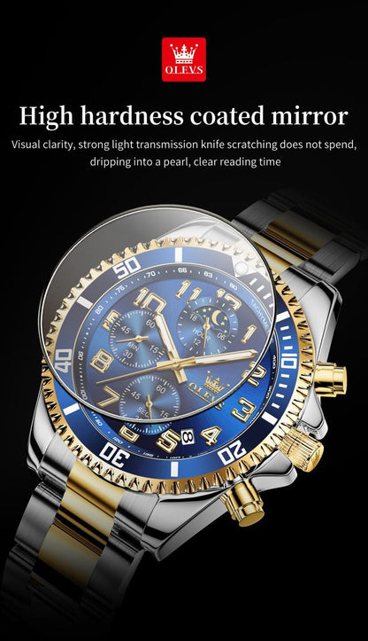 HOTOLEVS Mens Watches Chronograph Luxury Dress Moon Phase Two Tone Stainless Steel Waterproof Luminous Business Calendar Wrist Watch