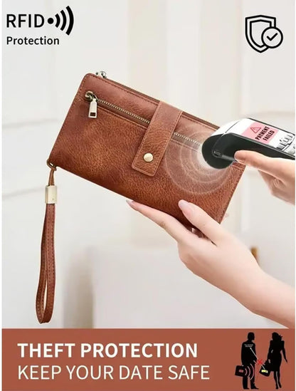 HOTWomen's Long Wallet, Stylish Clutch, Elegant Solid Color RFID Blocking Wallet, Large Capacity Bifold Zipper Card Case Organizer with Wrist Strap, ID Window, Ladies Gift Woman (Brown)