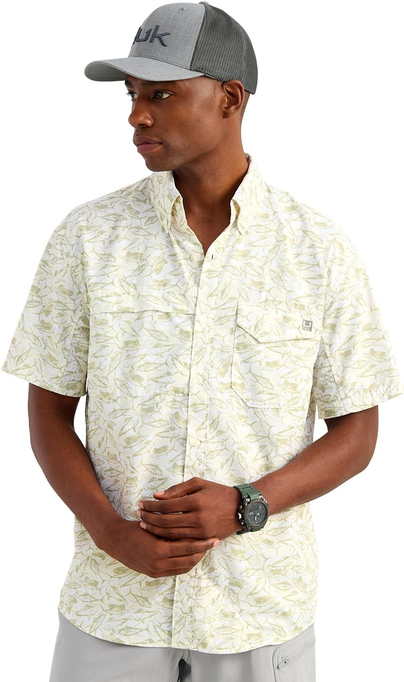 HOTHUK Men's Tide Point Kc Scott Original Artwork Short Sleeve Shirt, Fishing Button Down