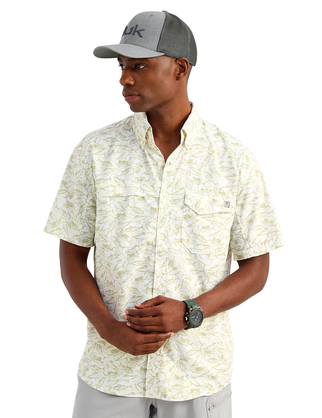 HOTHUK Men's Tide Point Kc Scott Original Artwork Short Sleeve Shirt, Fishing Button Down