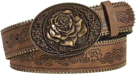 HOTWomen Western Belt with Heart Embossed Buckle Vintage Brown Belt for Jeans Pant Dress Cowgirl Cowboy Belts