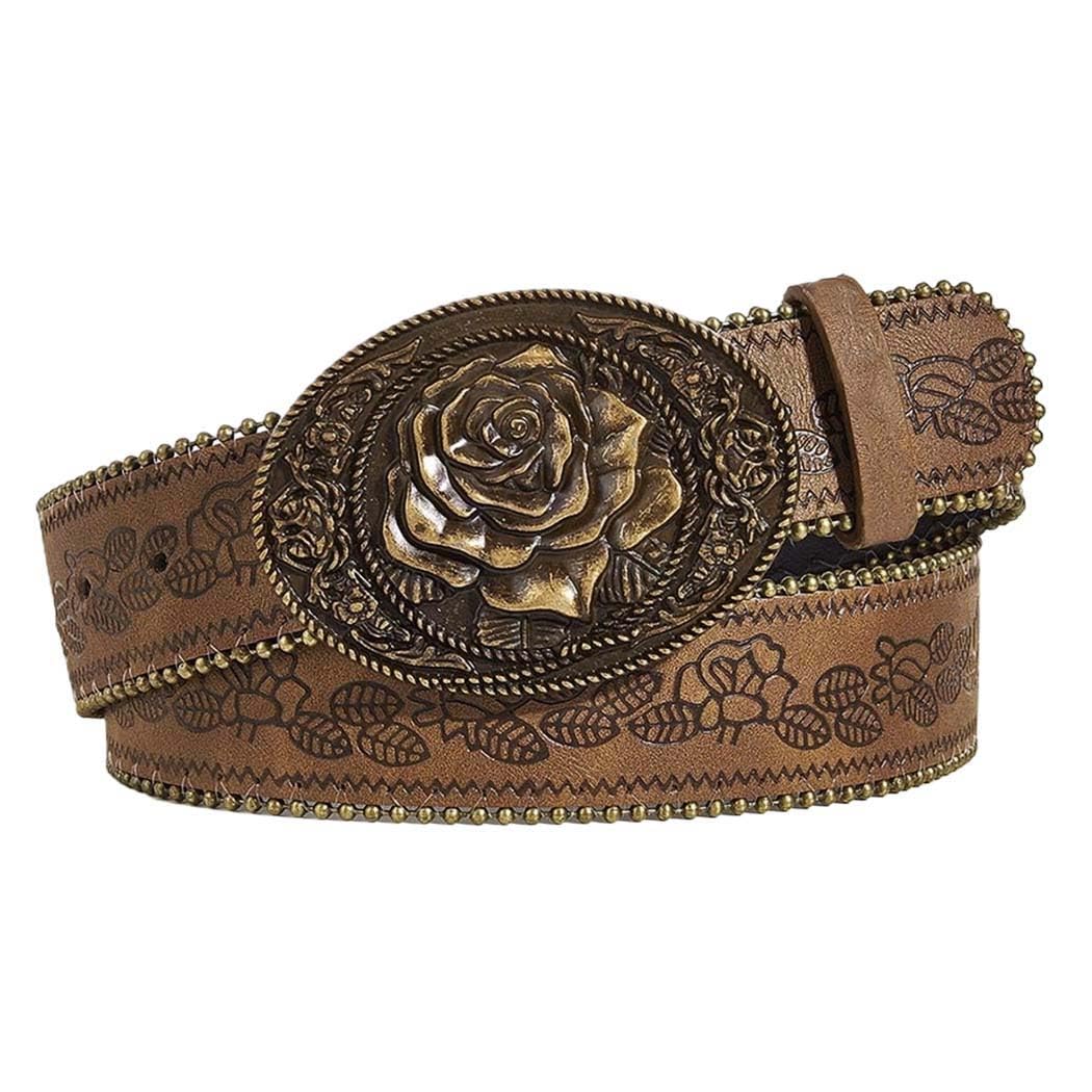 HOTWomen Western Belt with Heart Embossed Buckle Vintage Brown Belt for Jeans Pant Dress Cowgirl Cowboy Belts