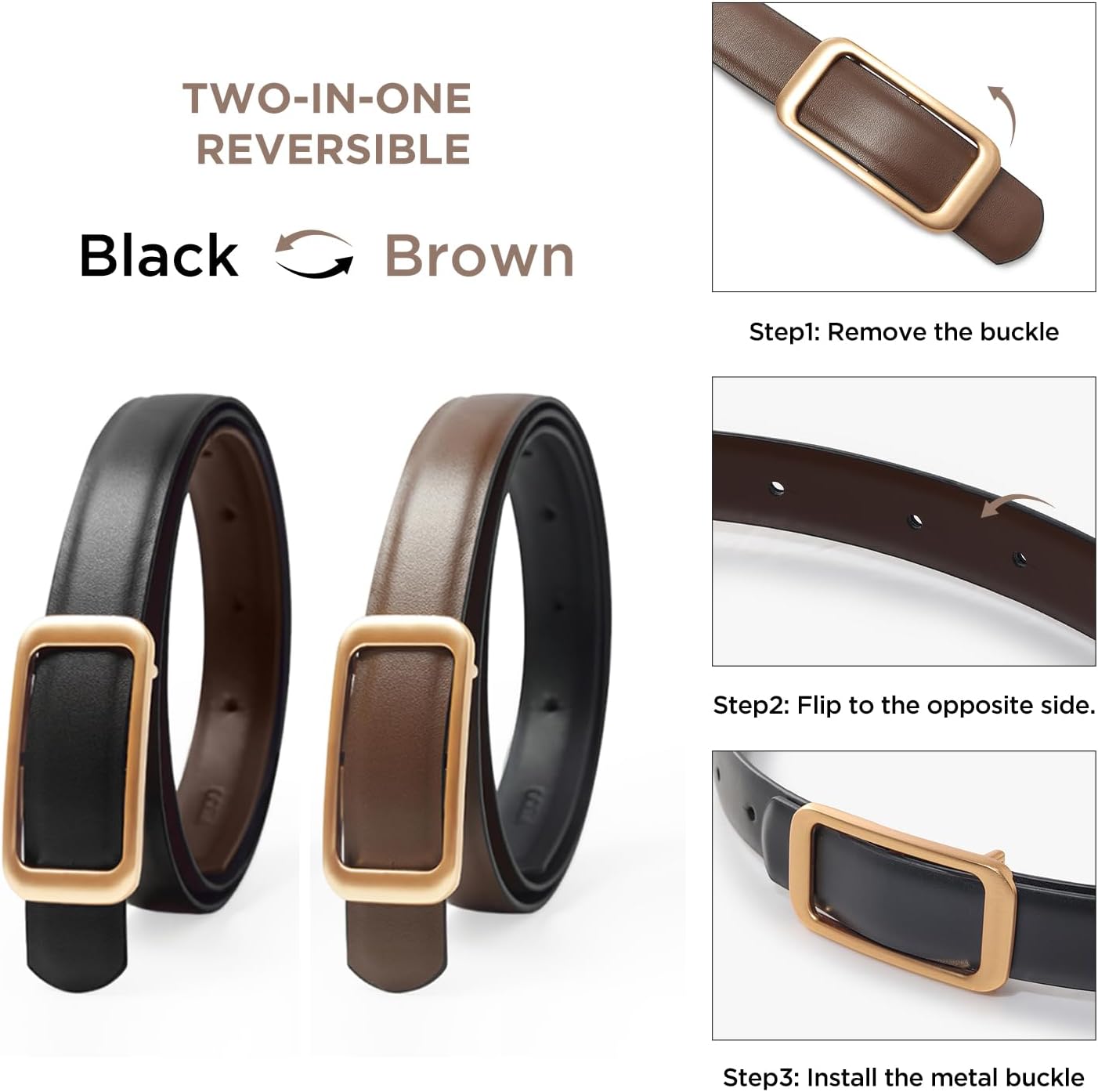 HOTGOELIA Women's Reversible Genuine Leather Belt Thin Fashion Waist Belts for Jeans Pants Dresses with Buckle