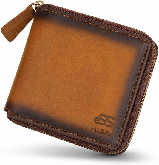 HOTESS Mens Zipper Wallet Handmade Teak Leather Bifold – Credit Card Holder | Zipper Closure with Zip Coin Pocket Compact Minimalist Wallet Multiple Credit Card Slots Size (4.25" x 3.50")