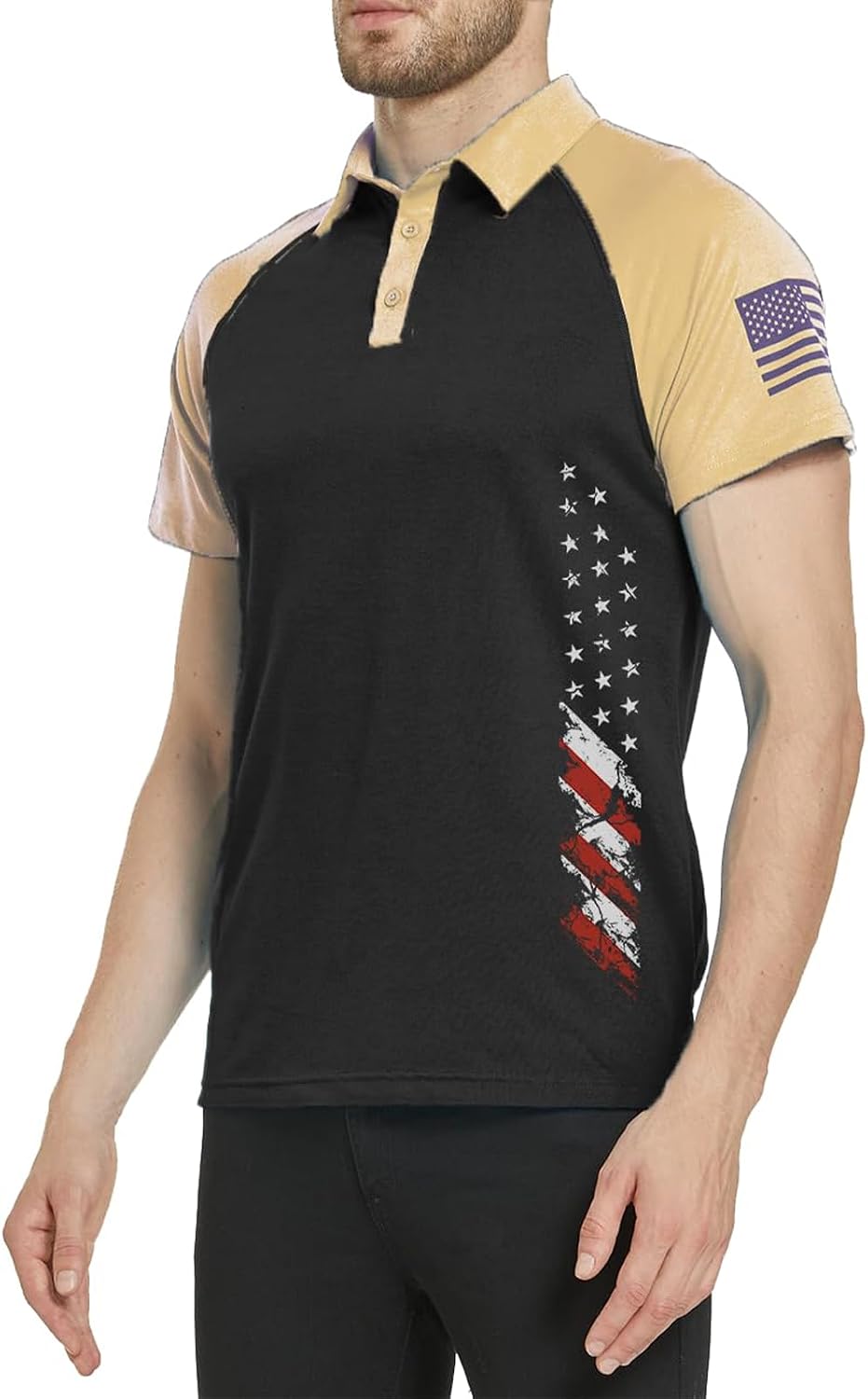 HOTMen's Polo Shirt Short Sleeve Quick Dry American Flag Print Graphic Split Color Golf Shirt for Sport