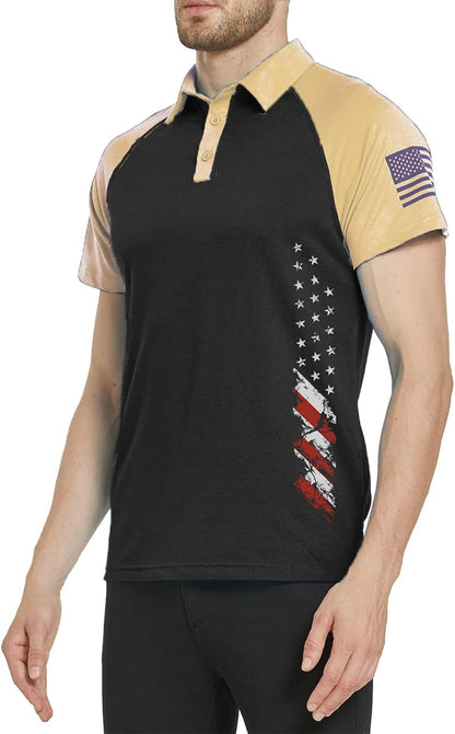 HOTMen's Polo Shirt Short Sleeve Quick Dry American Flag Print Graphic Split Color Golf Shirt for Sport
