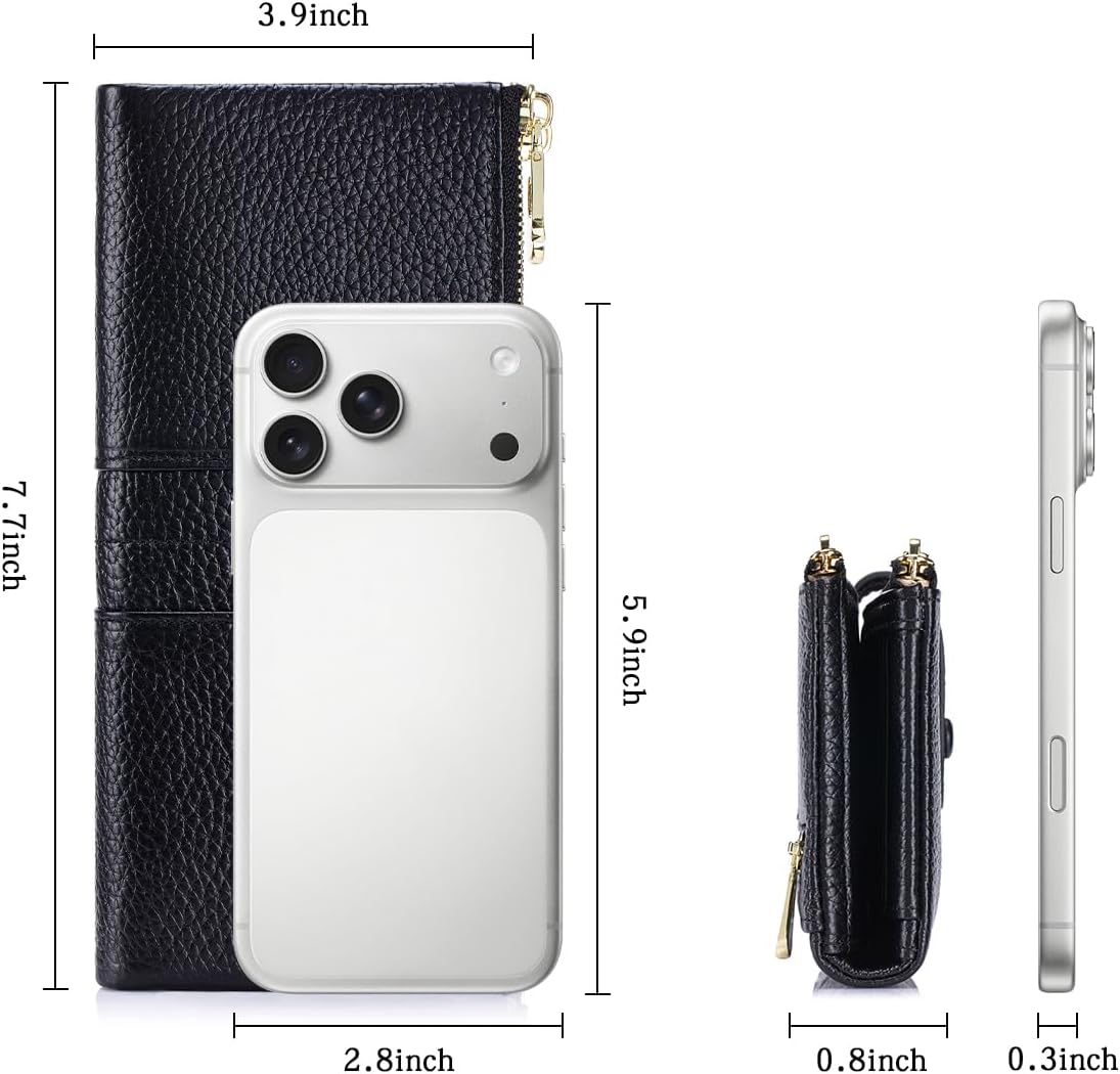 HOTLarge Capacity Wallets for Women Soft Leather RFID Blocking Long Wallet Ladies Bifold Clutch Purse Credit Card Holder with Double Zipper Pocket ID Window,Black