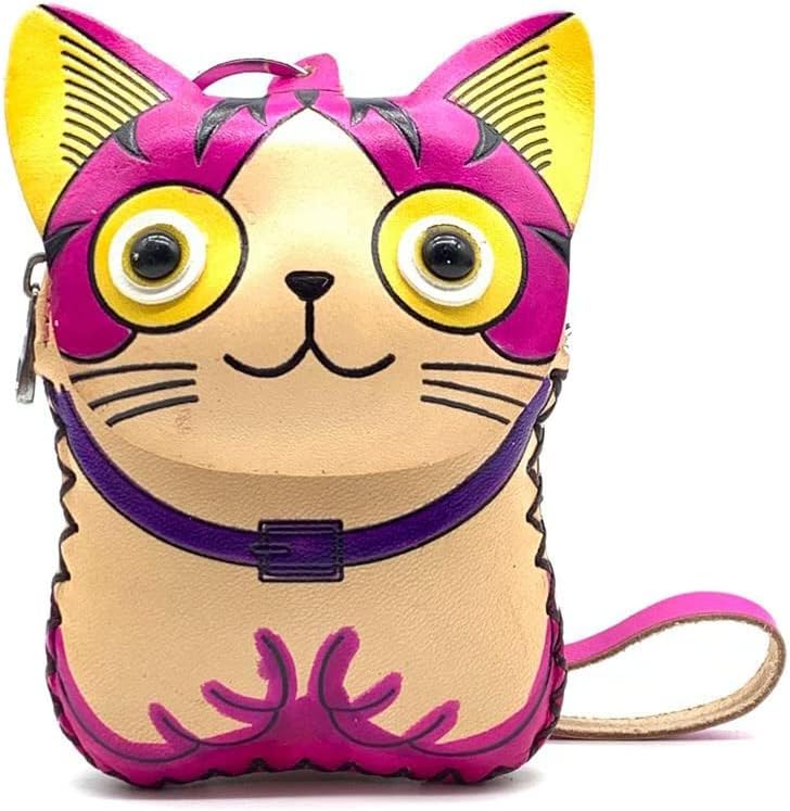 HOTHandmade Leather 3D Cat Coin Purse With Removable Wrist Strap (Blue)