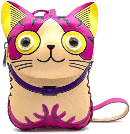 HOTHandmade Leather 3D Cat Coin Purse With Removable Wrist Strap (Blue)