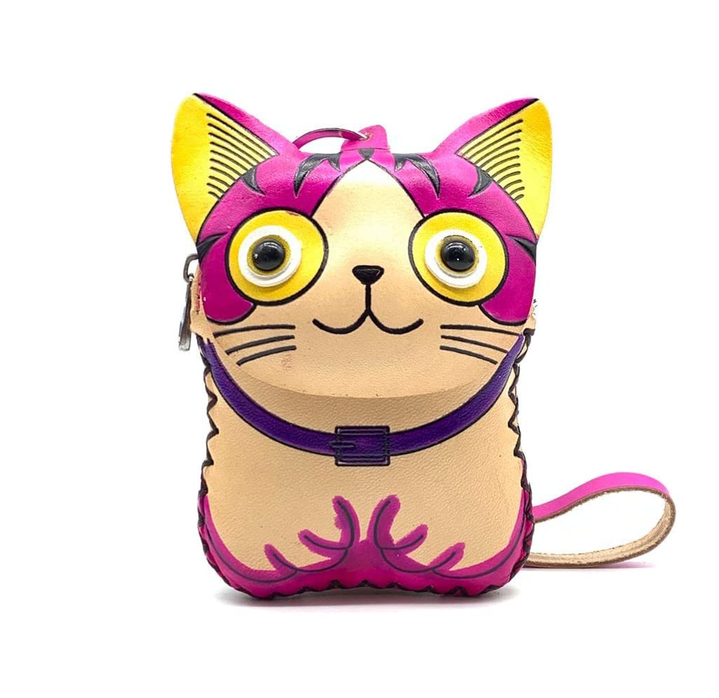 HOTHandmade Leather 3D Cat Coin Purse With Removable Wrist Strap (Blue)