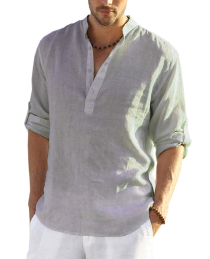 HOTCOOFANDY Men's Cotton Linen Henley T-Shirt Long Sleeve Hippie Casual Beach T-Shirts