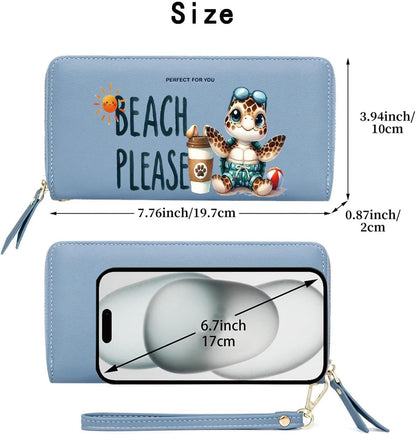 HOTKUKOO Cartoon Turtle Long Wallet for Women - RFID Blocking with Multi Card Slots, Large Capacity Wristlet Travel Purse, Cash Clutch Billfold with Zipper Coin Pocket, Gift for Ladies & Girls