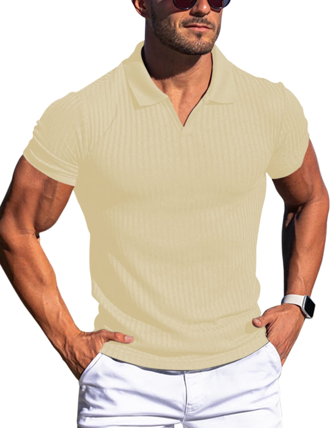 HOTMen's Muscle V Neck Polo Shirts Slim Fit Short Long Sleeve Cotton Golf T-Shirts Ribbed Knit Soft Tees