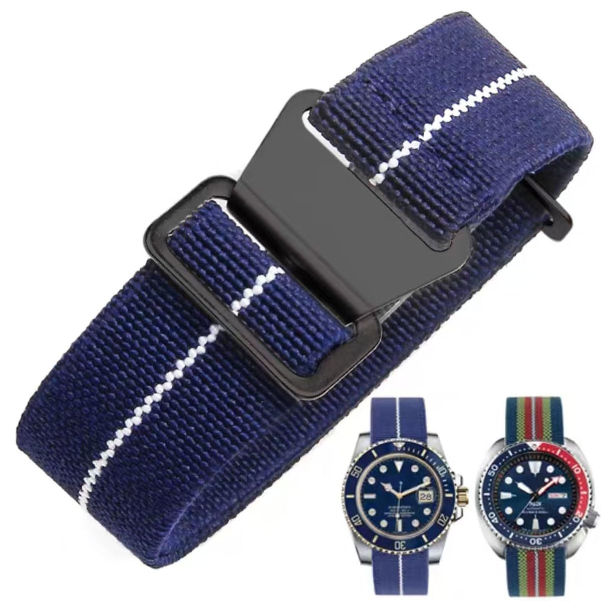 HOTFrench Troops Paratrooper Watchband,Military Elastic Nylon Watch Strap with Hook-and-Loop for Men Women Silver & Black Buckle 18/20/22mm
