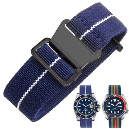 HOTFrench Troops Paratrooper Watchband,Military Elastic Nylon Watch Strap with Hook-and-Loop for Men Women Silver & Black Buckle 18/20/22mm