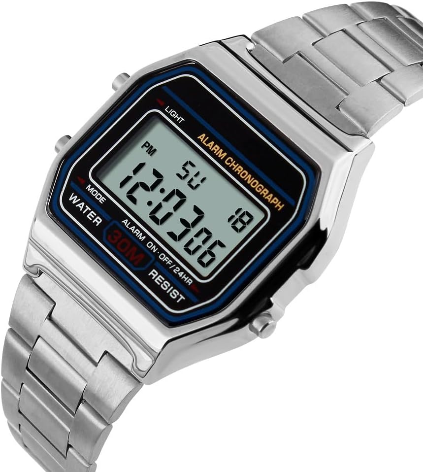 HOTPASOY Men's Digital Gold Stainless Steel Watch Backlit Multifunction Stopwatch Waterproof Sport Watches