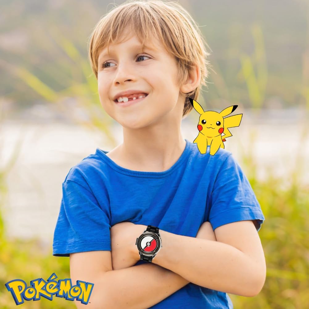 HOTPokémon Spinner Top Analog Watch for Kids – Features Iconic Poké Ball Spinner, Silver Metal Case, Comfortable Silicone Strap, and Pikachu Dial Art, Perfect for Pokémon Fans and Collectors