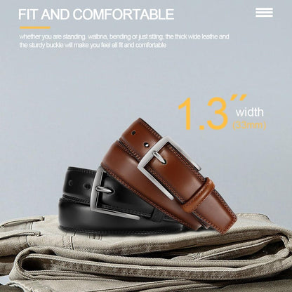 HOTDOOPAI Men's Genuine Leather Dress Belt 2Pack - Handmade Classic Casual and Business Belt, 100% Cow Leather Prong Buckle,