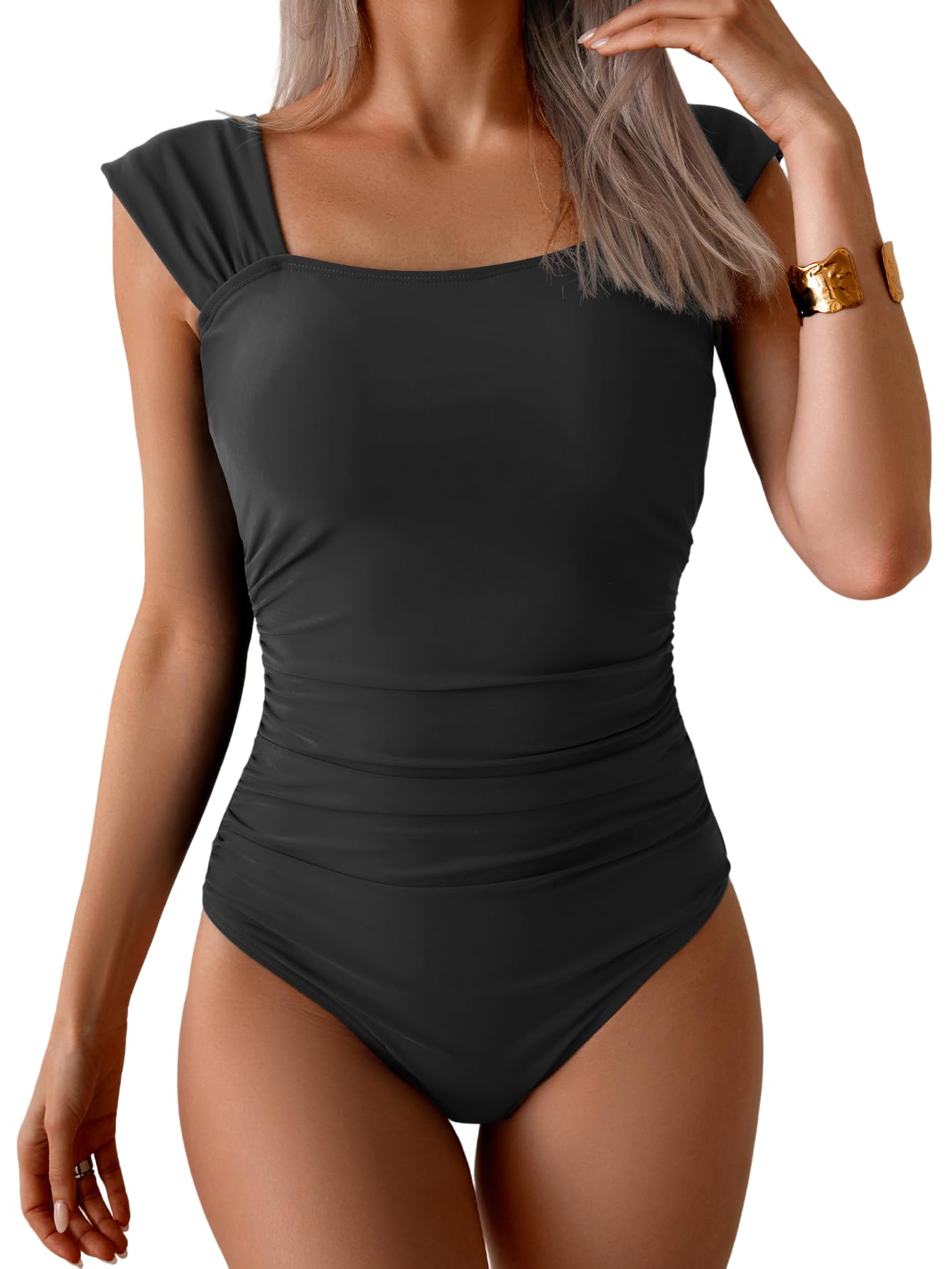 HOTB2prity Womens One Piece Swimsuit Retro Square Neck Tummy Control Bathing Suits Ruched Modest Full Coverage Swimwear