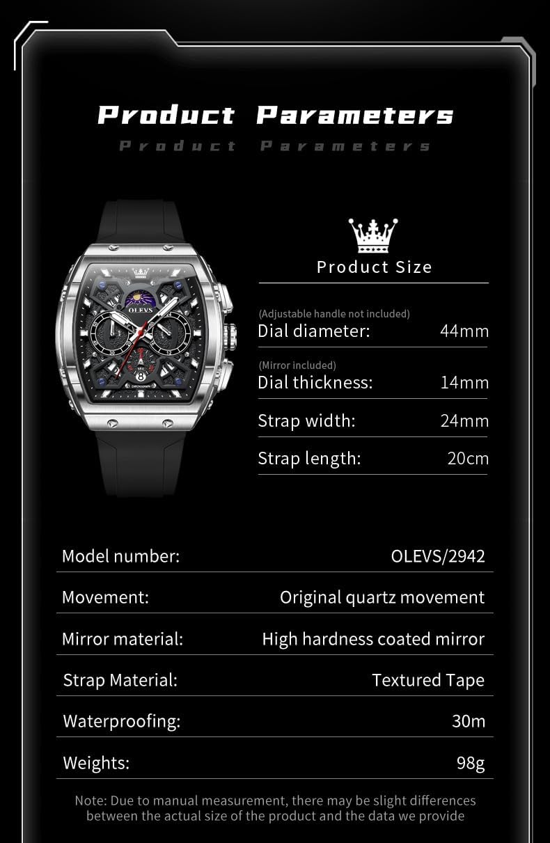 HOTOLEVS Watch Men Luxury Casual Square Skeleton Chronograph Watches