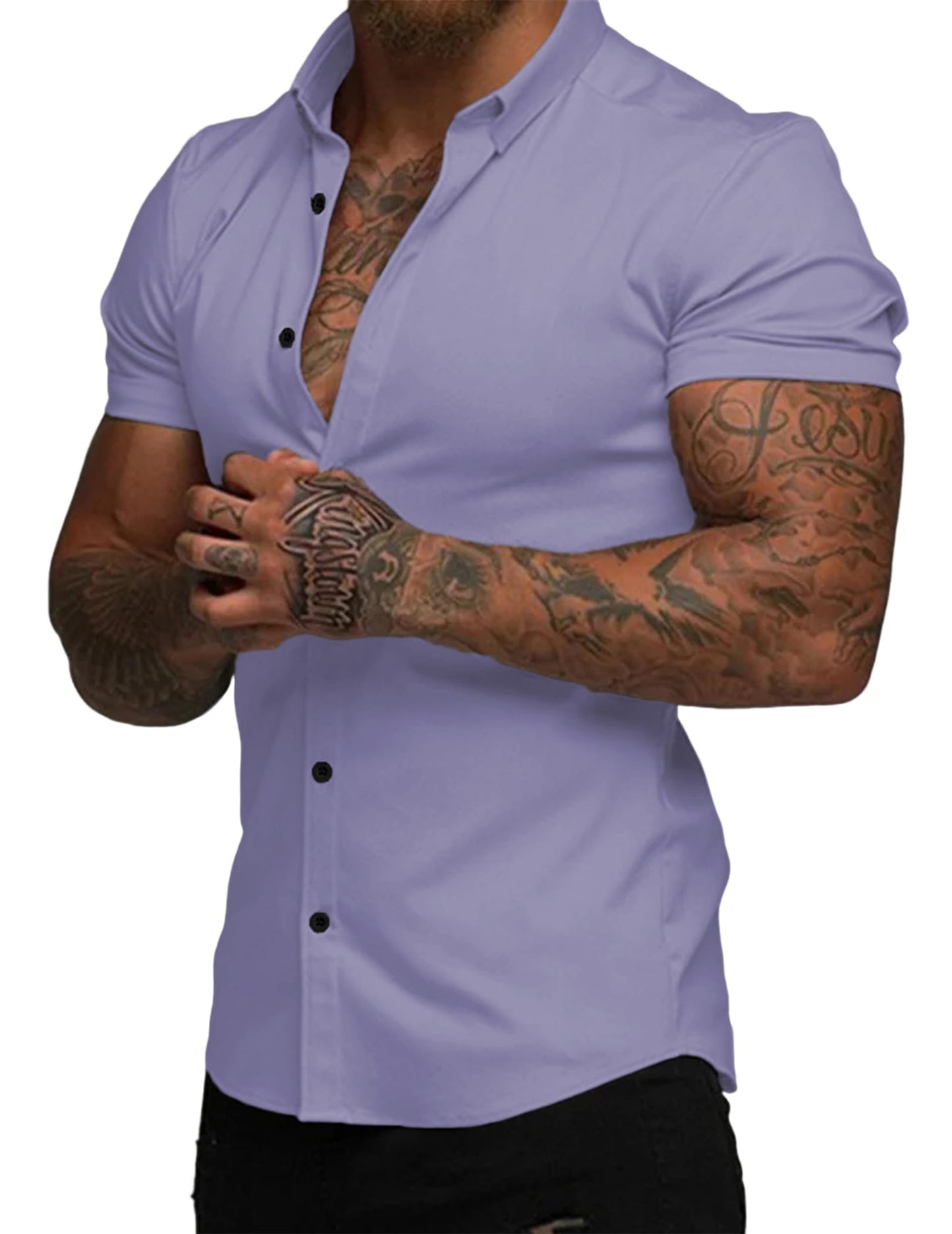 HOTJMIERR Men's Muscle Fit High Stretch Wrinkle-Free Button Down Dress Shirts Summer Casual Short Sleeve Shirt