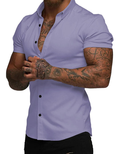 HOTJMIERR Men's Muscle Fit High Stretch Wrinkle-Free Button Down Dress Shirts Summer Casual Short Sleeve Shirt
