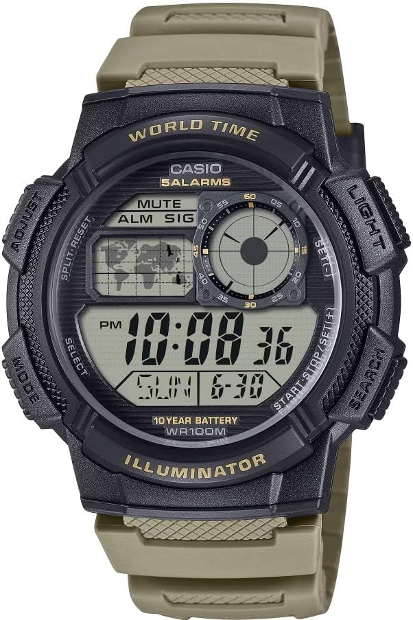 HOTCasio AE-1000W Series | Men’s Digital Watch | Black/Gray | 100M WR | World Time | Multi Time Display | Countdown Timer | Stopwatch | LED Backlight | Auto Calendar | 5 Alarms | 10 Year Battery