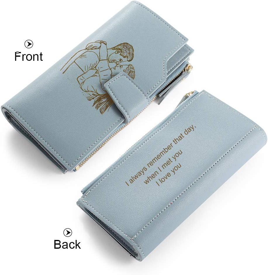 HOTLovejewelry Personalized Wallets for Women Photo Engraved PU Leather Trifold Wallet Credit Card Clutch Long Wallet for Girlfriend Mom Mother’s Day (Blue -2) (Wa-100359)