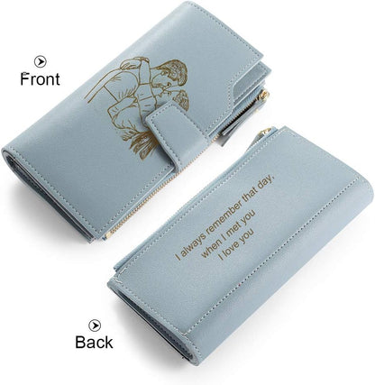 HOTLovejewelry Personalized Wallets for Women Photo Engraved PU Leather Trifold Wallet Credit Card Clutch Long Wallet for Girlfriend Mom Mother’s Day (Blue -2) (Wa-100359)