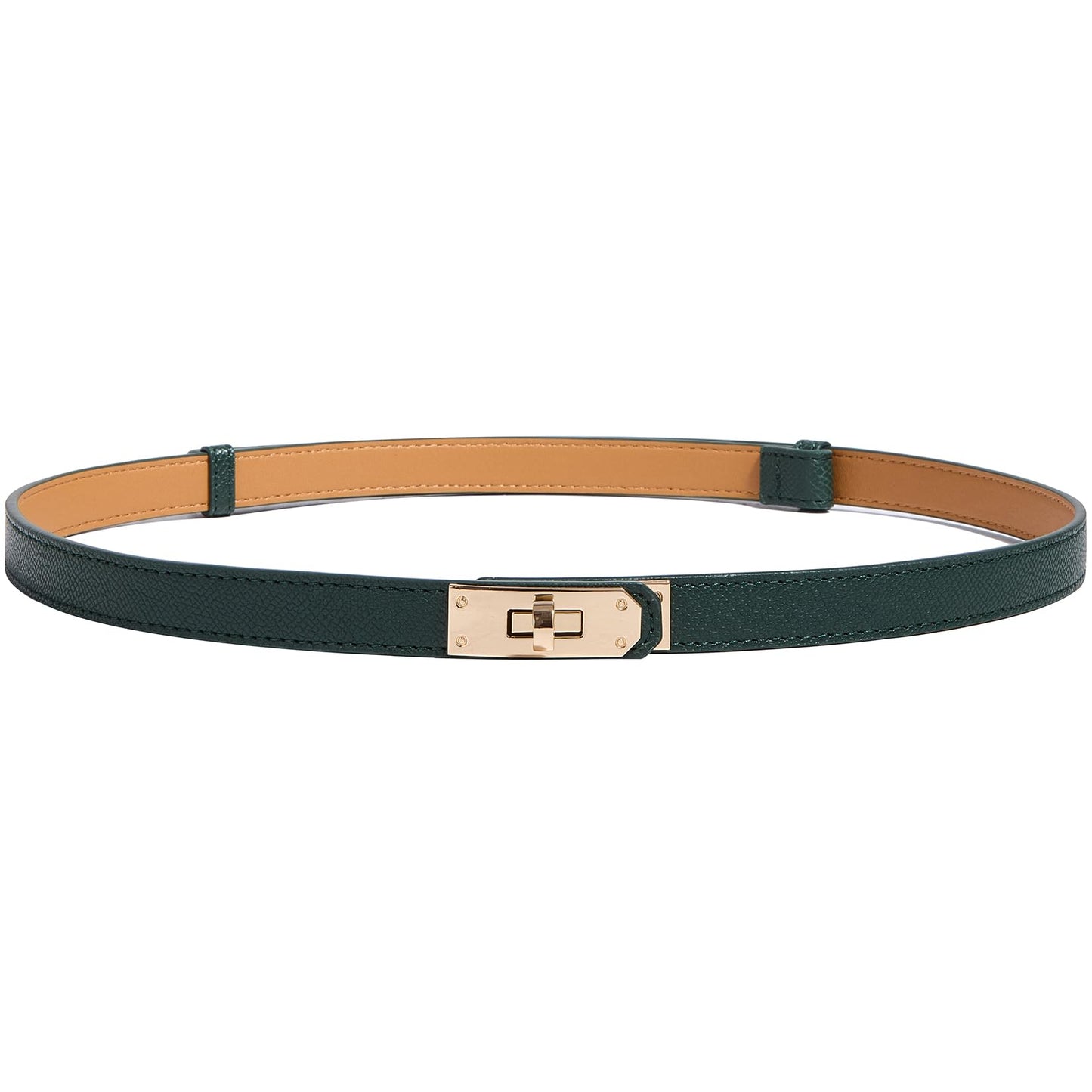 HOTWomen’s Skinny Leather Belt with Gold or Silver Turn-Lock Buckle – Adjustable Thin Belt for Dresses, Office & Wedding
