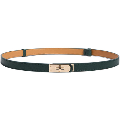 HOTWomen’s Skinny Leather Belt with Gold or Silver Turn-Lock Buckle – Adjustable Thin Belt for Dresses, Office & Wedding